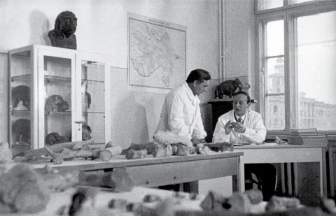 Mammadali Huseynov and Damir Hajiyev examine tools and animal bones from Azikh