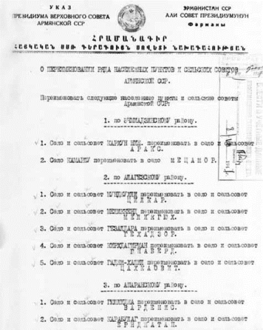Указ Президиума Верховного совета Армянской ССР о переименовании азербайджано-язычных топонимов