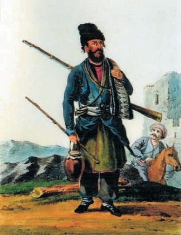 K.Beggrov. A man from Borchali. Engraving of a picture (Borchali is an area in eastern Georgia predominantly populated by Azerbaijanis)