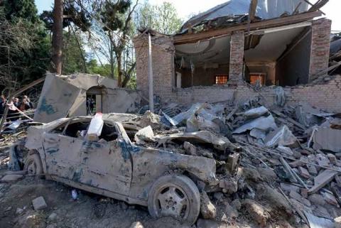 Ganja after a ballistic missile attack by Armenian armed forces on 11 October 2020. Ten civilians were killed and 34 wounded