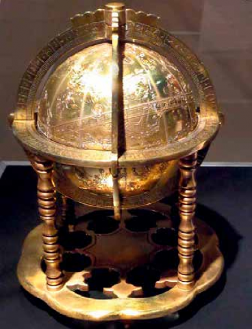 Globe of the starry sky made in the Maragha observatory. 1279. Physical and Mathematical Museum of the State Art Collections of Dresden (Germany). The globe is made of bronze and inlaid with gold and silver
