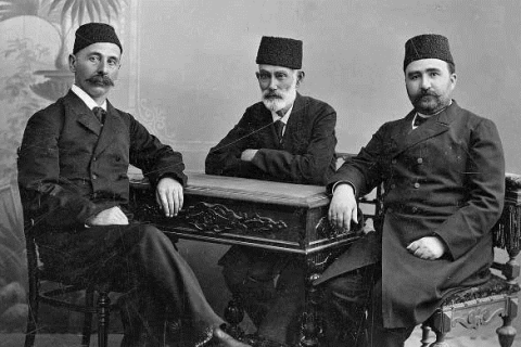 From left to right: Ismayil Bey Gaspirali, Hasan Bey Zardabi, Alimardan Bey Topchubashov